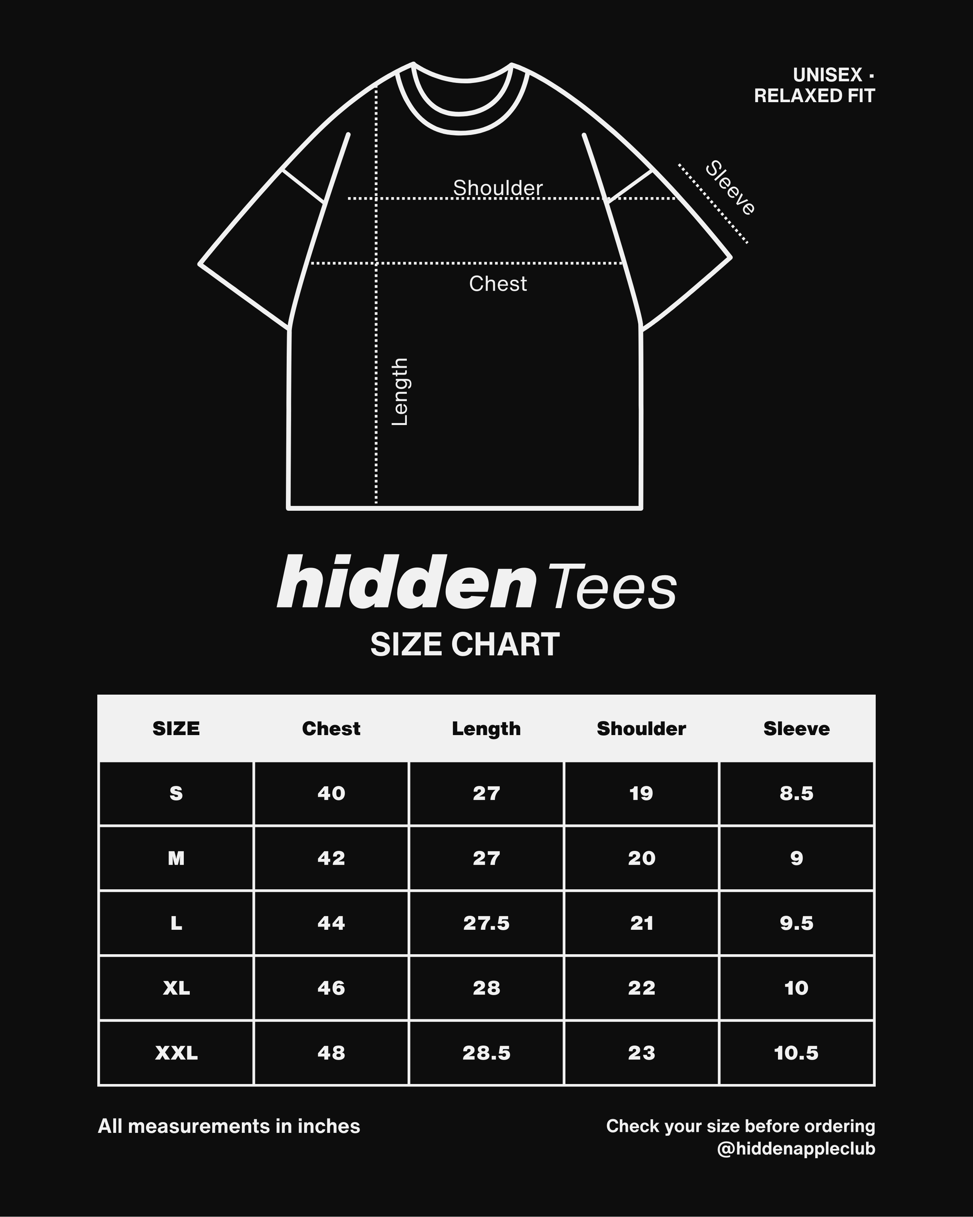 Size chart in inches