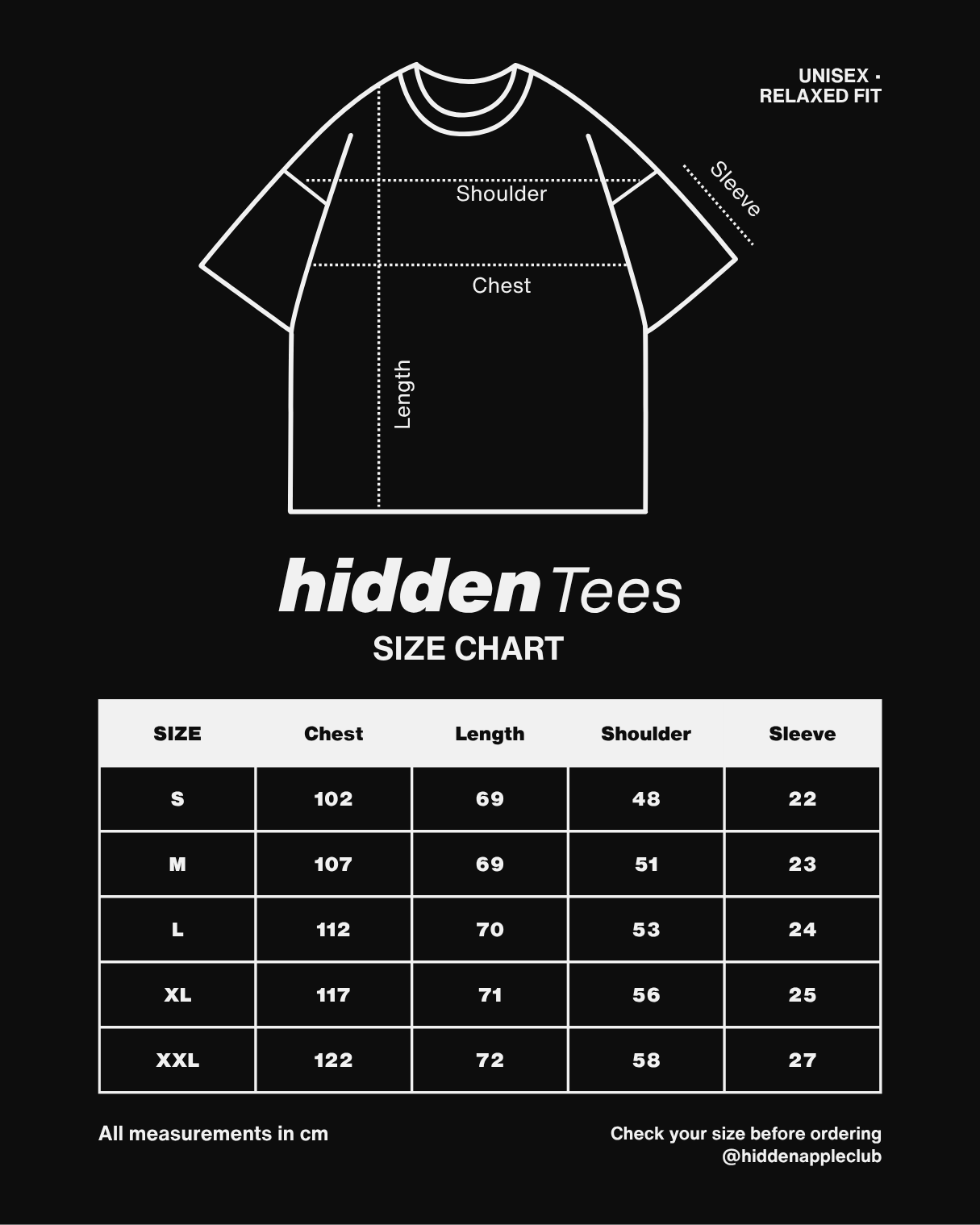 Size chart in centimeters